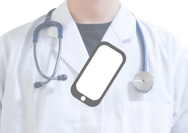白衣に聴診器を下げた人物とスマートフォンのアイコン